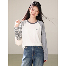 批发实拍白色插肩<b class='q'>长</b>袖拼接<b class='q'>T</b><b class='q'>恤</b>女2026秋季设计感波点圆领上衣