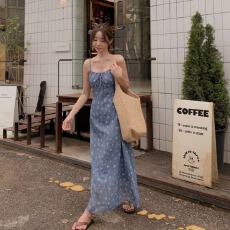 批发大码 韩国chic夏季修身显瘦仿<b class='q'>牛仔</b>印花胖mm吊带<b class='q'>连衣裙</b>