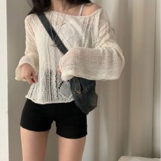 批发大码 韩国chic针织衫一字肩麻花套头薄款防晒镂空罩衫上衣
