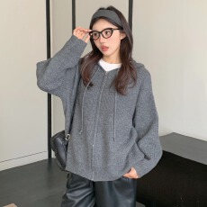 批发实拍大码 <b class='q'>秋</b>冬纯色高级感慵懒风百搭毛衣外套宽松连帽针织