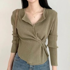 批发实拍大码 春季韩国chic针织开衫圆领显瘦收腰设计感斜口别致上衣