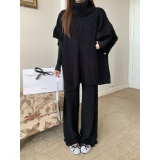 批发实拍大码 秋<b class='q'>冬</b>毛衣套装京都情书廓形高领斗篷＋麻花针织裤两件套