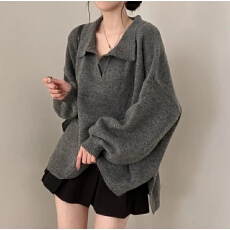 批发<b class='q'>实拍</b><b class='q'>大码</b> 秋冬翻V领毛衣宽松慵懒保暖套头下摆开叉韩版厚针织衫