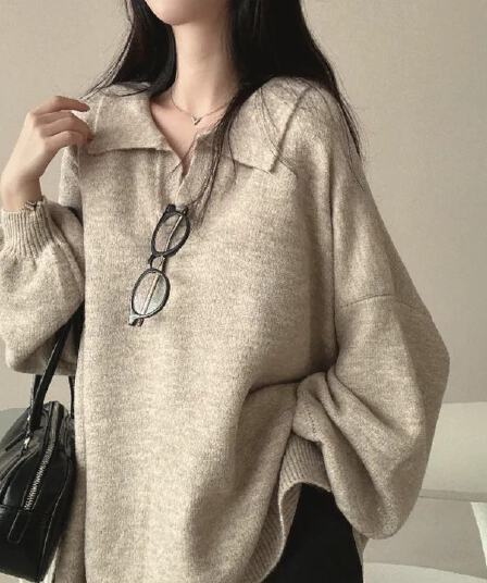 진짜 물품 빅 사이즈 한 chic 가을 겨울 뒤집다 V넥 스웨터 루즈핏 느긋한 보온 풀오버 밑단 트임 두꺼움 니트 스웨터