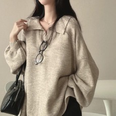 批发实货大码 韩chic<b class='q'>秋</b>冬翻V领毛衣宽松慵懒保暖套头下摆开叉厚针织衫