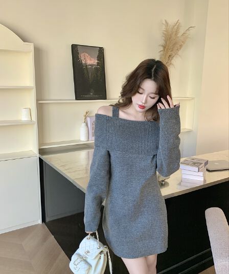 실사 빅 사이즈 이른 봄 작은 섹시함 오프숄더 보트넥 니트 드레스 품격 외국 가스 슬립 스웨터 드레스