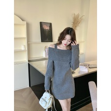 批发实拍大码 小性感露肩一字领针织连衣裙气质洋气吊带毛衣裙