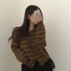 批发已出货 韩国chic春秋针织小外套条纹圆领减龄法式毛衣开衫