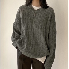 批发现有货 大码 秋<b class='q'>冬</b>宽松慵懒毛衣女麻花坑条设计感简约厚针织上衣