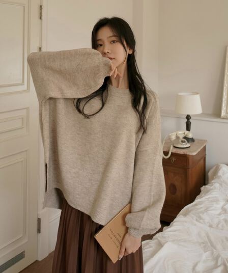 지금 재고 있음 빅 사이즈 한 chic 가을 라운드 넥 스웨터 루즈핏 느긋한 풀오버 중간 길이 밑단 트임 두꺼움 니트 스웨터
