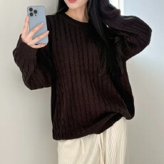 批发大码女装 韩chic圆领宽松纯色慵懒风麻花百搭休闲毛衣