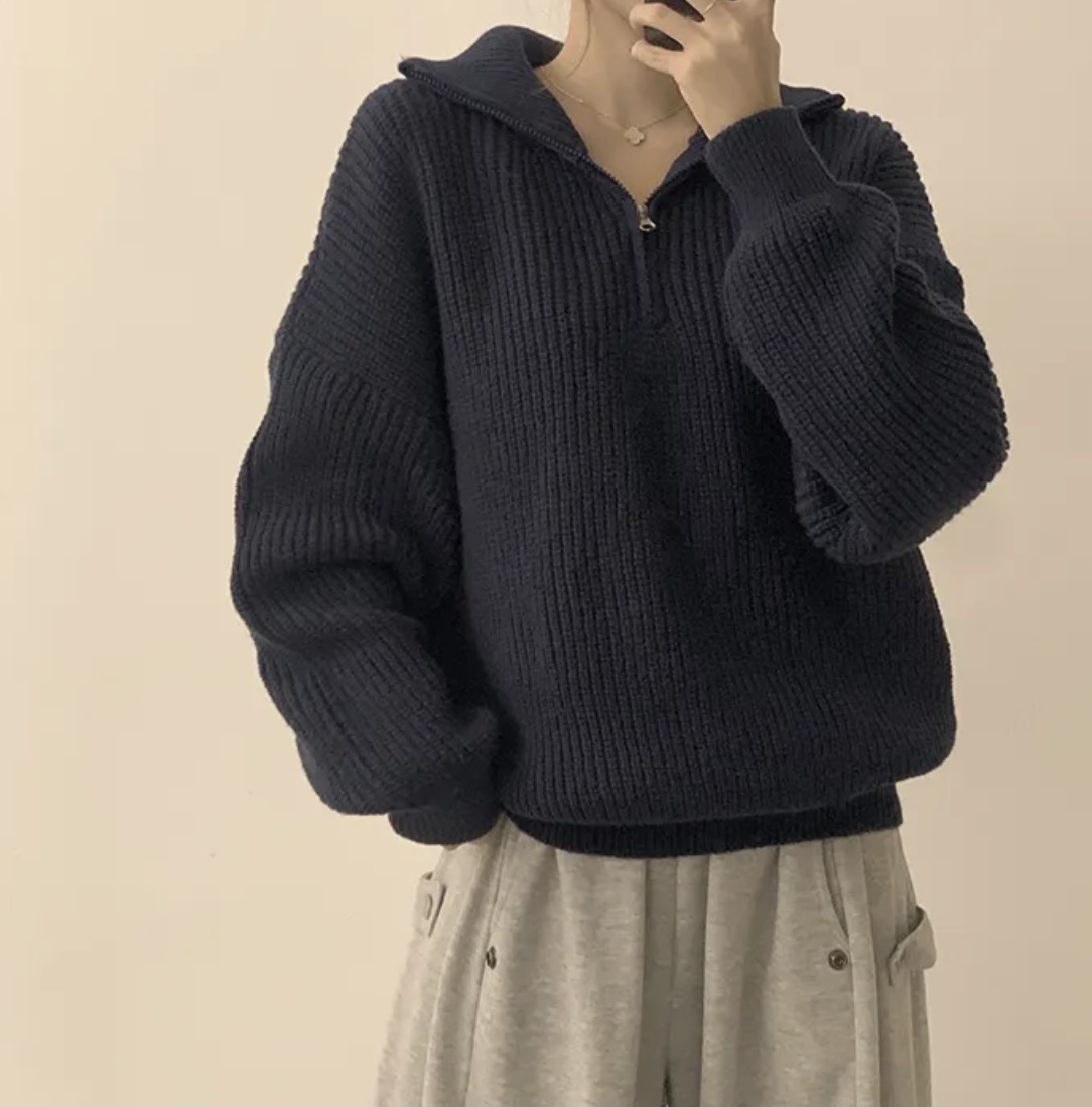 진짜 물품 한국 chic 해군 다용도 두꺼운 스타일 니트 스웨터 하프 지퍼 폴로 칼라 느긋한 보온 스웨터