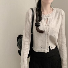 批发实货大码 春季薄款镂空设计感针织开衫<b class='q'>通勤</b>百搭休闲上衣女