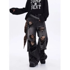 批发<b class='q'>大码</b>美式高街破洞牛仔<b class='q'>裤</b>男女春季宽松显瘦百搭阔腿<b class='q'>裤</b>