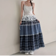 批发实货大码   韩系高腰格纹花边拼接蛋糕<b class='q'>长裙</b>经典复古设计<b class='q'>半身</b>裙女