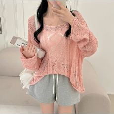批发实拍大码   韩系针织防晒衫女一字露肩麻花套头薄款镂空罩衫上衣