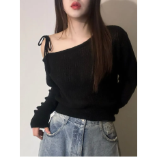 批发大码女装 韩国chic夏季冰丝薄款针织衫不规则斜领系带露肩上衣