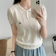 批发大码女装 韩国chic夏季POLO领短袖上衣复古麻花刺绣蝴蝶结针织衫