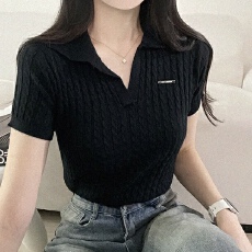 批发大码女装 韩国chic夏季百搭POLO领设计感麻花时尚针织衫