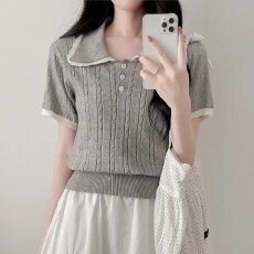 批发<b class='q'>大码</b>女装 韩国chic甜美夏季减龄娃娃领拼色泡泡短袖百搭<b class='q'>针织衫</b>