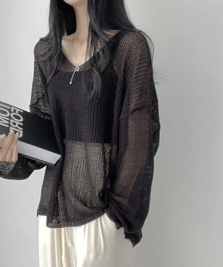 지금 재고 있음 빅 사이즈 한 chic 루즈핏 지방 mm 느긋한 V넥 태양 보호 셔츠 봄 여름 가을 긴팔 니트 블라우스 맨위