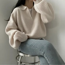 批发现有货 大码 韩国chic简约polo领半拉链慵懒宽松毛衣保暖针织衫