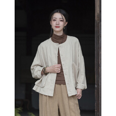 批发棉麻上衣女2025新款文艺复古休闲宽松开衫圆领百搭高端苎麻短外套