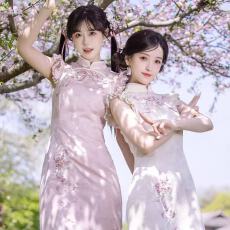 批发川黛时光:付海棠 海棠<b class='q'>绣花</b>缎面粉色优雅气质<b class='q'>连衣裙</b>中式订婚旗袍