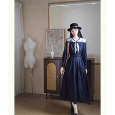 批发月夜风铃自制丝巾领通勤气质日常牛仔蓝显瘦连衣裙