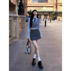 批发学院风马甲背心针织衫条纹衬衣领带百搭<b class='q'>半身裙</b>套装