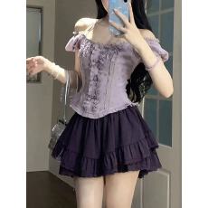 批发甜辣妹纯欲紫木耳边衬衫上衣女夏小个子穿搭百褶蓬蓬短裙两件套装
