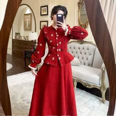 批发【圣诞礼物】法式复古冬季新款时尚长袖衬衫加花边长短裙两件套