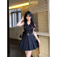 批发Blovelan雾都蓝调 英伦千金风无袖翻领植绒蝴蝶结收腰百褶<b class='q'>牛仔</b>裙