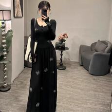 批发法式复古气质长袖宴会连衣裙春秋新款高级感收腰显打底长裙裙子