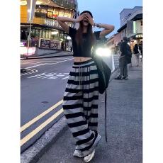 批发撞色条纹裤女松紧腰休闲裤<b class='q'>夏季</b>今年流行慵懒风宽松阔腿显瘦拖地裤