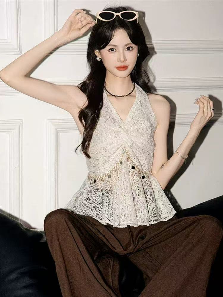한 부서 레이스 V넥 민소매 행침 목 조끼 여성 2026 여름 새로운 레이스업 아름다움 뒤로 외출용 맨위