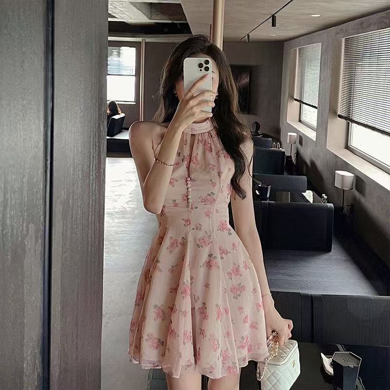2026 년 새로운 순수한 욕망 바람 Chic 핑크색 작은 대중 민소매 첫사랑 치마 패치워크 행침 목 꽃무늬 달콤함 드레스