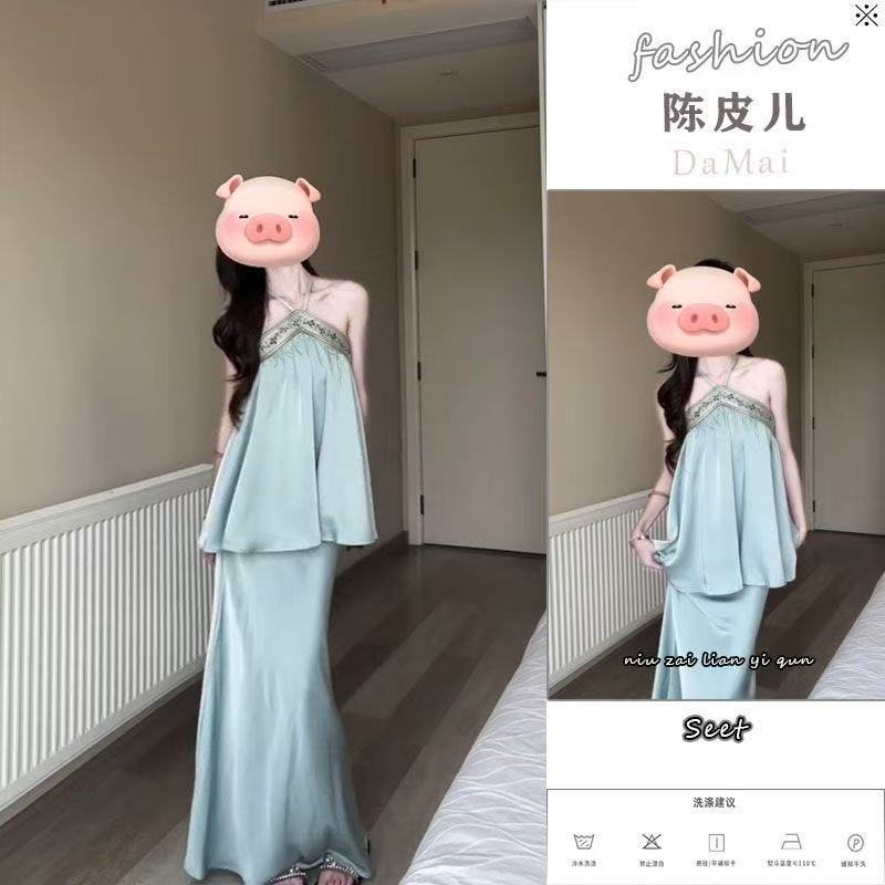 새로운 중식 우아함 배색 행침 목 조끼 슬립 맨위 여성 여름 하이웨이스트 도루 센스 슬림해 보이는 인어 꼬리 스커트 투피스 세트