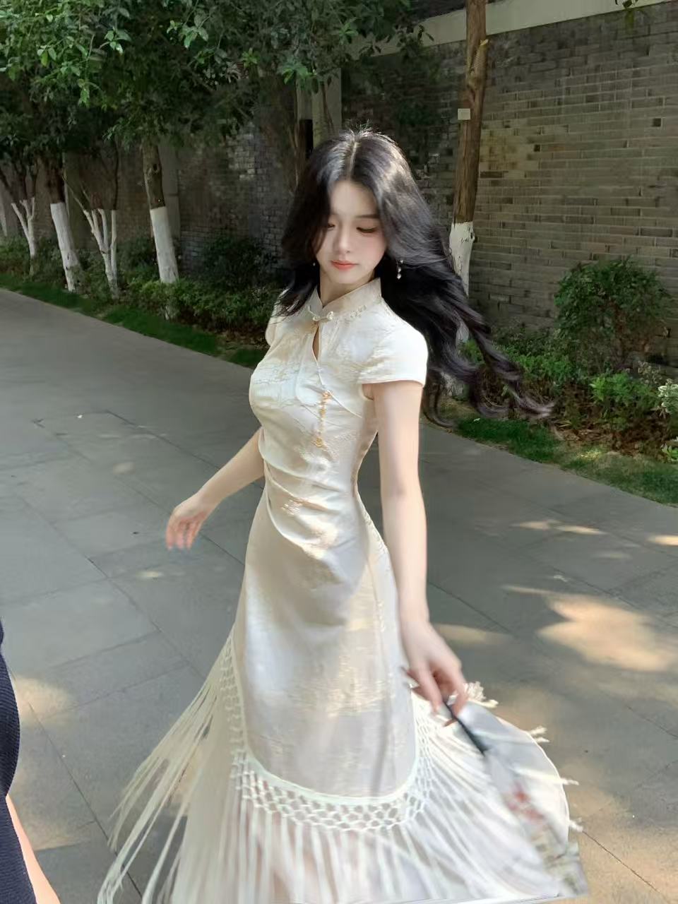 blovelan 화이트 자작 나무 숲의 방 국풍 품격 몸매 가꾸기 새로운 중식 술 패치워크 자카드 허리 수축 치파오 롱 스커트