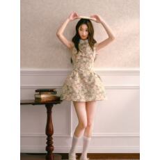 批发RECIT 玫瑰油画衬衫领无袖<b class='q'>连衣裙</b>女夏季千金风<b class='q'>蓬蓬</b>修身收腰背心裙