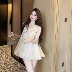 批发超仙绝美挂脖吊带雪纺衬衫女夏大码胖mm法式名媛风遮肉无袖娃娃衫