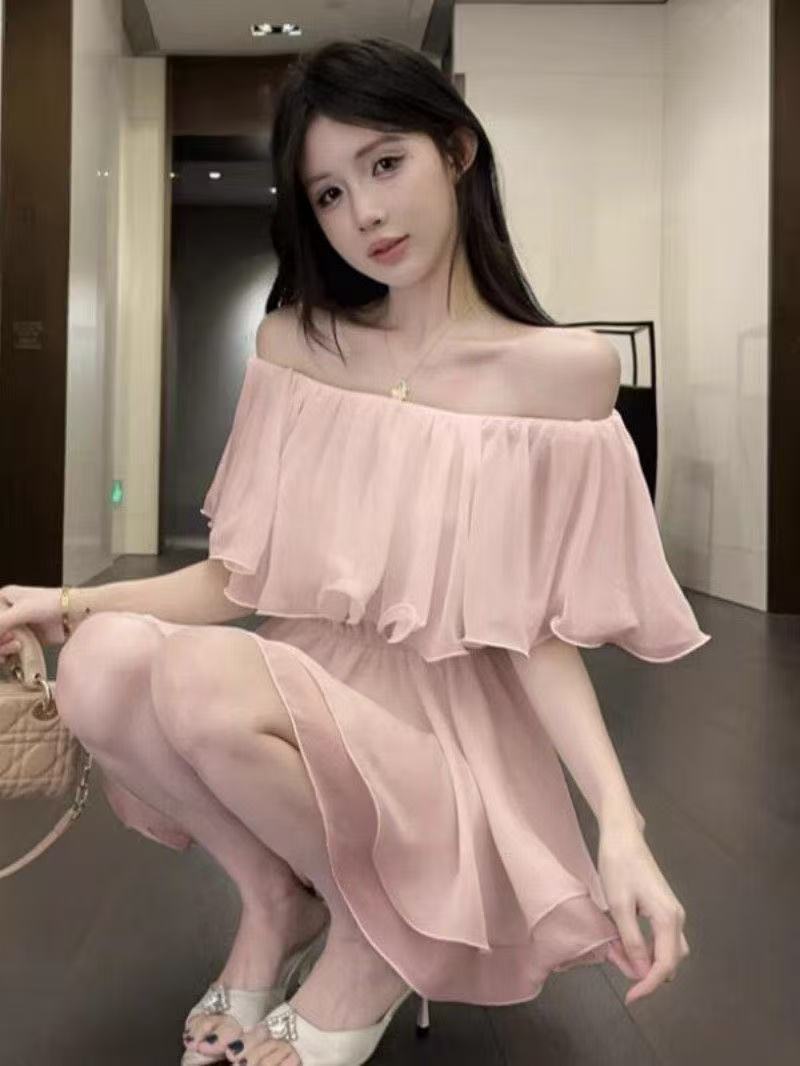 프랑스식 슈퍼 요정 프릴 보트넥 오프숄더 시폰 셔츠 여성 여름 순수한 욕망 바람 섹시함 허리 수축 중간 길이 맨위