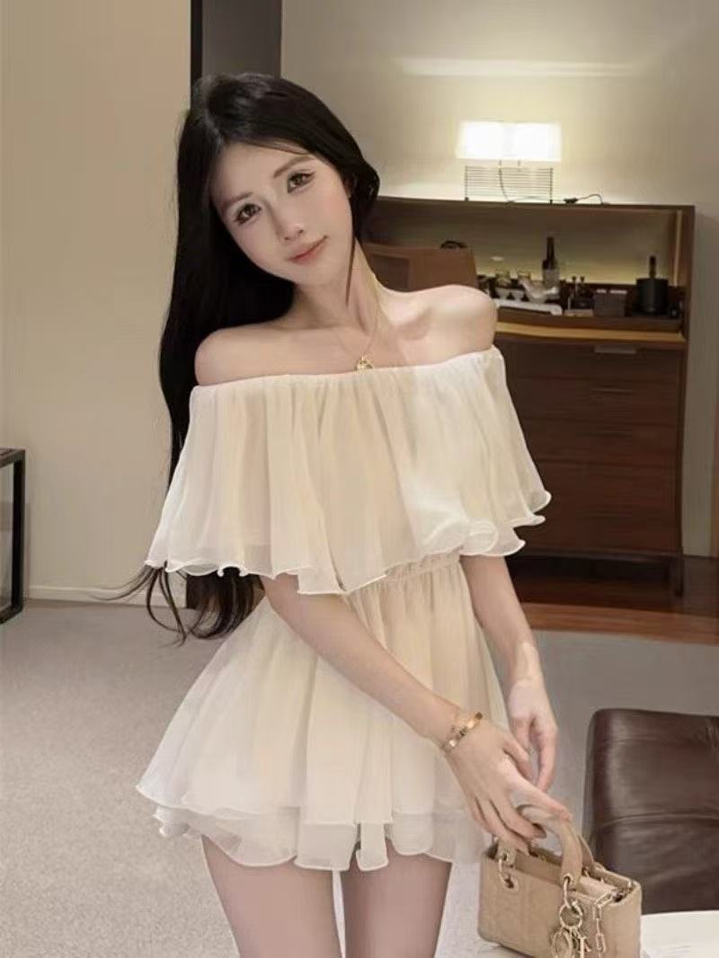 프랑스식 슈퍼 요정 프릴 보트넥 오프숄더 시폰 셔츠 여성 여름 순수한 욕망 바람 섹시함 허리 수축 중간 길이 맨위