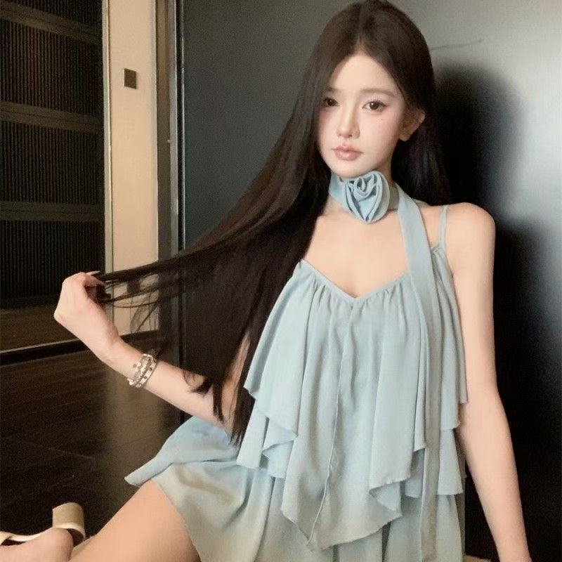 행침 목 슬립 맨위 V넥 쉬폰 블라우스 벨트 꽃 리본 2026 여름 새로운 프랑스식 품격 심장 기계 여성 의류