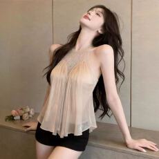 批发法式蓝色镶钻雪纺吊带背心女夏季设计感度假纯欲辣妹宽松无袖上衣