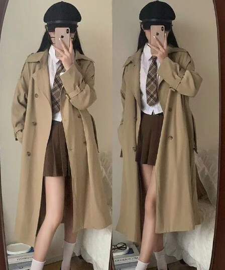 봄 가을 중간 길이 튀김 거리 영국식 바람막이 여성 무릎 아래 작은 키 카키 색 빛 럭셔리 고급 센스 재킷 재킷 트렌디