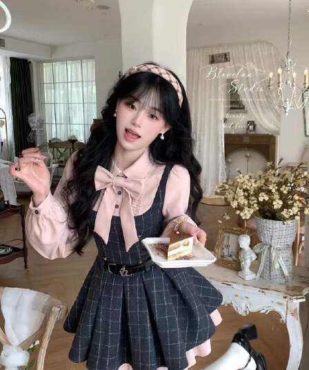 blovelan 안개 블루 꽃 기둥 소녀 센스 나비 매듭 셔츠 체크무늬 모직 허리 수축 퍼프 여성 드레스 봄