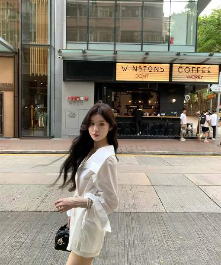 alex stevens 빅 칼라 셔츠 여성 드레스 여름 몸매 가꾸기 슬림해 보이는 V넥 긴팔 얇은 스타일 짧은 치마