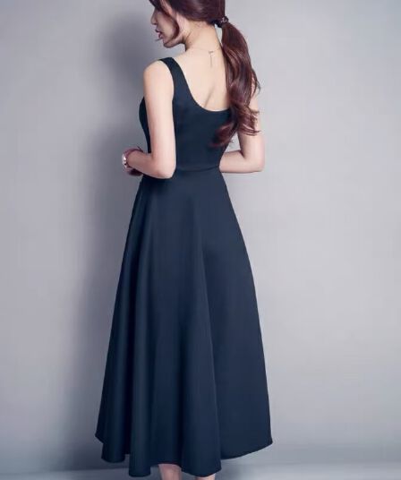 여름 새로운 빅 사이즈 허리 수축 A라인 스커트 큰 진자 롱 스커트 민소매 표지 배 주머니 드레스 작은 검은 드레스