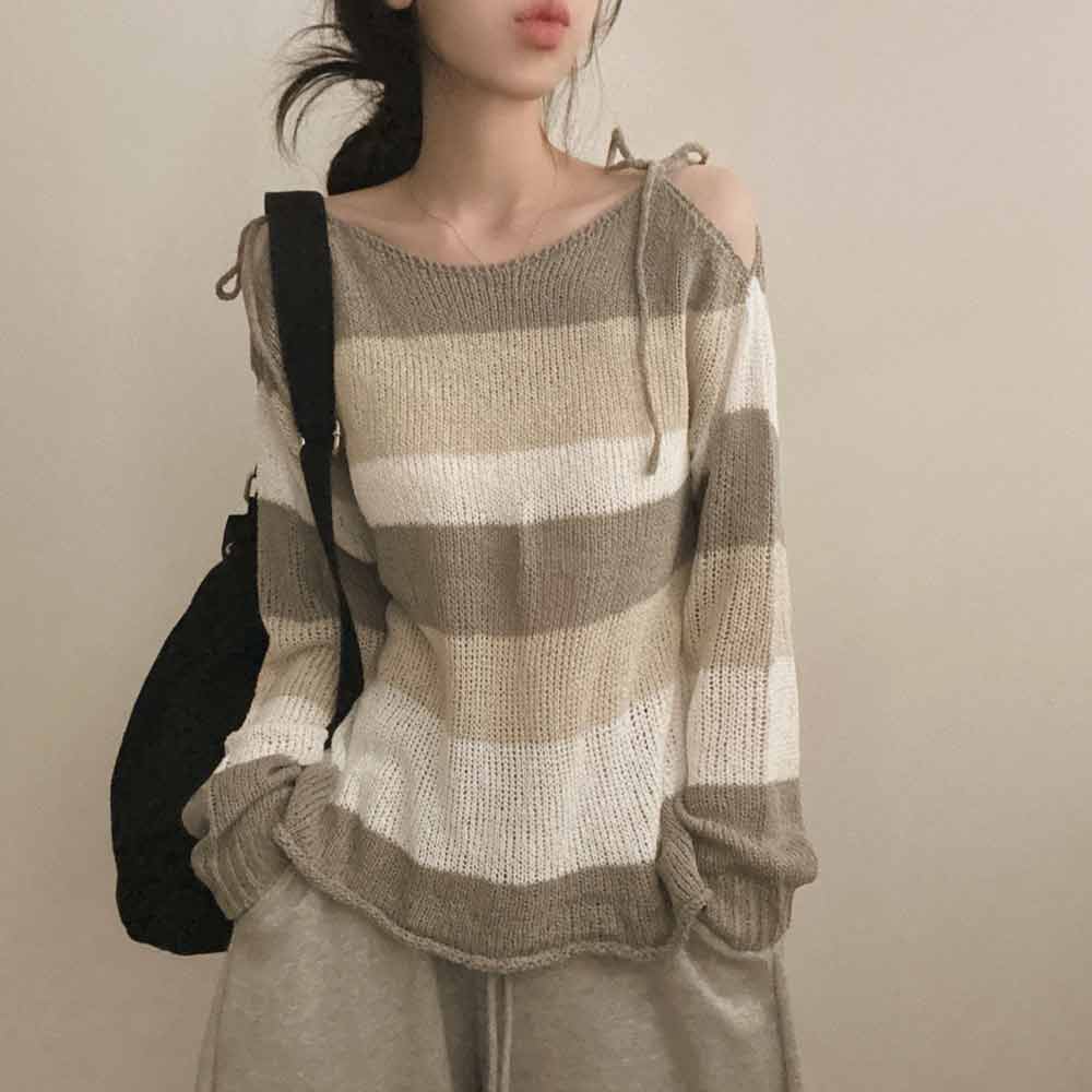 Original Real Shot Korean Version Ribbon Off-Shoulder Butterfly Knot Knitted Sweater with Slit Sheer Sexy Cardigan Top